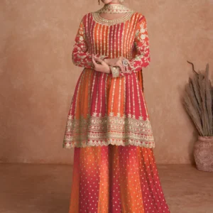 Orange Colour Chinon Fabric Partywear Palazzo Suit