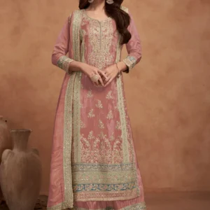 Peach Coluer Partywear Kurta Palazzo Suit