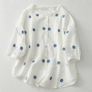 White Premium Cotton Flower Embroidered Full Sleeves Shirt