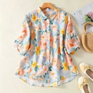 Pure Cotton Light Pink Floral Shirt for Women